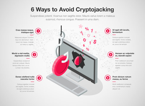 Infographic for how avoid cryptojacking with desktop computer and  cryptocurrency isolated on light background. Easy to use for your website or presentation.