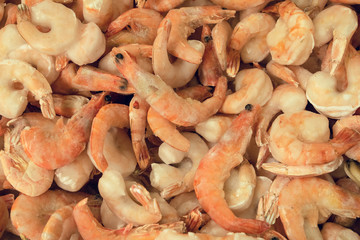 Frozen raw natural shrimp background. Top view.