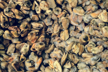 Frozen raw natural mussels background in market. Top view.