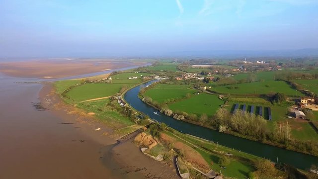 Aerial view of the Historic tidal river bank erosion protection scheme at Purton Hulks, Gloucestershire, UK
