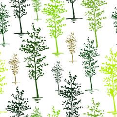 Trees sketch background. Seamless vector pattern. Hand painted green trees on a transparent background