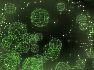 Abstract wireframe glowing flying spheres - illustration 3d rendering. Big data.