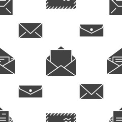 Seamless pattern with envelopes flat glyph icons. Mail background, message, open envelope with letter, email vector illustrations. Black white signs for mailing list, post office