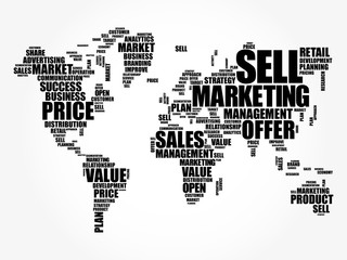Naklejka premium Marketing word cloud in shape of World Map, business concept background