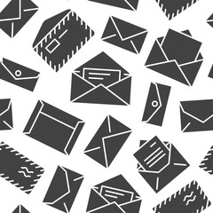 Seamless pattern with envelopes flat glyph icons. Mail background, message, open envelope with letter, email vector illustrations. Black white signs for mailing list, post office