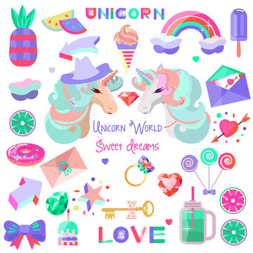 Set with a unicorn and pictures for stickers. losed eyes. Diamonds and crystals