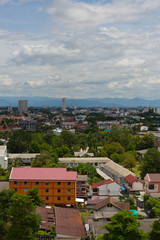 white cloud on blue sky above the town, aerial view cityscape