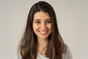 Fototapeta premium Portrait of young attractive cheerful woman with smiling happy face. Human expressions and emotions