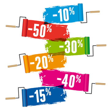 Bannière publicitaire pour des promotions dans le secteur du bricolage, présentant des pourcentages de réductions sur des fonds de différentes couleurs, tracés par des rouleaux de peinture