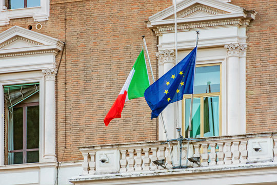 Italian and european union flags in Rome