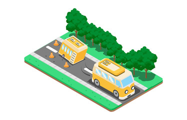 Isometric illustrations of camping vehicles and caravans, vector illustration - Vector