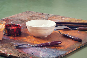 Paint brushes and oil paints