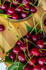 A handful of ripe red cherries in a metal can on a white background with green leaves
