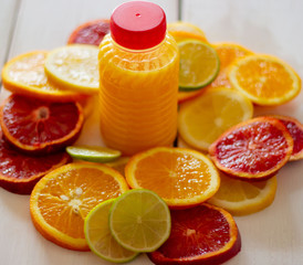 Citrus fruits and juice. View from the top.