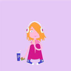 young girl in headphones sitting eating sandwich