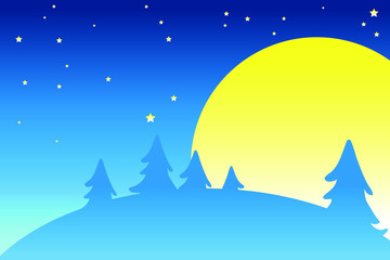 The moon and stars with mountain and forest