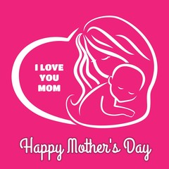Mother's day greeting card with symbol of mom and baby. Vector illustration.