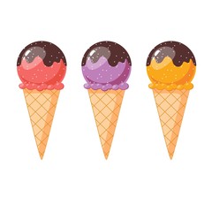 Various of ice cream flavor in cones on white background . Summer and Sweet menu concept.