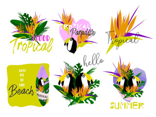 Fototapeta na wymiar Cute cartoon topical summer set of bright stickers in collage style with hand drawn textures. Trendy chic hawaiian prints for apparel or typography