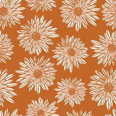 Aster Dahlia Flowers white on gold brown seamless vector pattern. Floral subtle background. Hand drawn contemporary feminine art for summer, fall, autumn, fabric, paper, home decor, web banner, cards