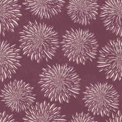 Aster Flowers purple seamless vector pattern. Floral subtle background with layered Aster or Dahlia flowers in purple lilac hues. Hand drawn feminine art for summer, spring, fabric, paper, home decor