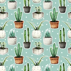 Fototapete Kaktus im Topf Aquarellillustration, Kaktus in den Töpfen. handgefertigt, Set, Hintergrund, nahtloses Muster, Postkarte für Sie