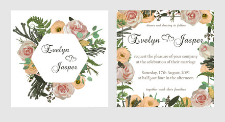 Fototapeta na wymiar Stylish coral watercolor and flowers vector design cards. Flowers, eustoma cream, brunia, green fern, eucalyptus, branches. Decorative square. Trendy 2019 color collection