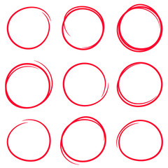 Set of red hand drawn scribble circles