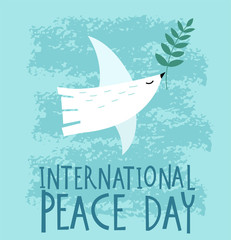 World Peace Day greeting card illustration. Concept of the white dove with olive branch