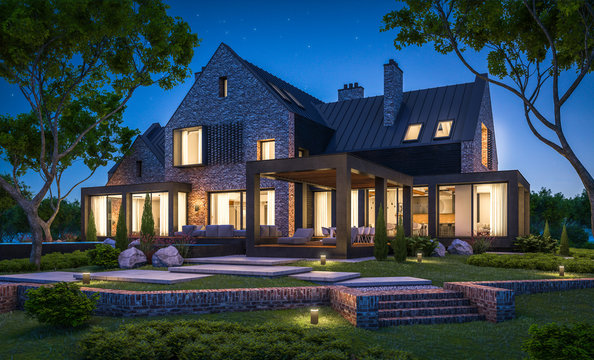 3d Rendering Of Modern Cozy Clinker House On The Ponds With Garage And Pool For Sale Or Rent With Beautiful Landscaping On Background. Clear Summer Night With Many Stars On The Sky.