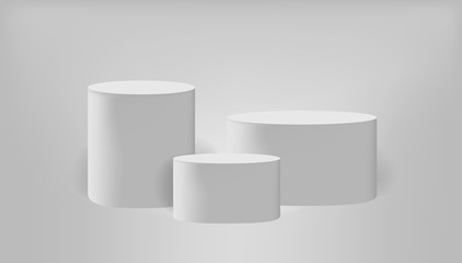 Podium scene or 3D round pillar stand scene and winner pedestal in studio on vector gray or white minimal background