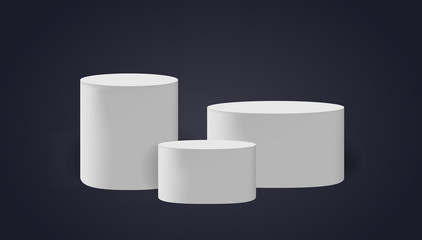 Podium scene or 3D round pillar stand scene and winner pedestal in studio on vector gray or white minimal background