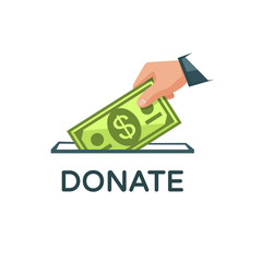 Donate money vector illustration. Charity, donation concept. Hand is putting a banknote into a donation box.