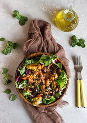 Chicken salad with eggplant, carrot and green mix salad. Concept for healthy eating and nutrition....