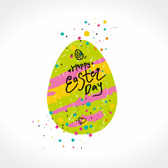 Happy Easter Day. Bright colorful hand drawn paint logo. Vector template with gift easter egg. Flat design colorful egg and handwritten wish phrase.