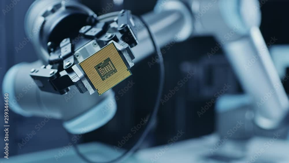 Poster modern high tech robot arm moving, showing contemporary super computer processor on camera. stylish 