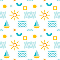 Seamless abstract pattern with sun, boat and geometric shapes