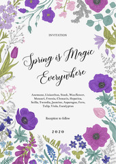 Spring magic. Invitation. Blue and purple flowers. Vector vintage illustration.