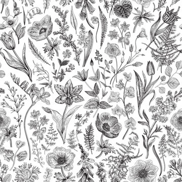 Spring magic. Seamless floral pattern. Black and white. Vector vintage illustration...