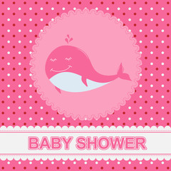 Greeting card with charming little whale on pink background.