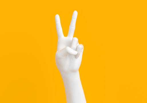 Peace hand symbol, Victory sign gesture, two fingers white hand isolated on yellow background, 3d rendering