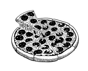 Graphical sketch of pizza with sausages isolated on white background, vector illustration,snack