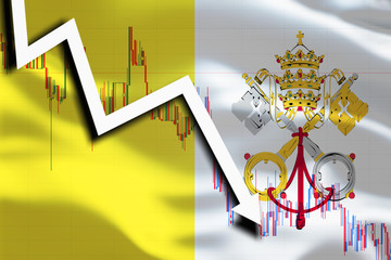 White arrow and stocks fall down on the background of the waving flag of Vatican City