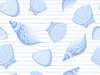 Decorative blue seashells stripe vector seamless pattern.