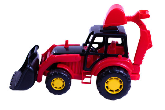 Children's toy - a red tractor on a white background, isolate