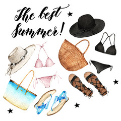 Watercolor Fashion Illustration. set of trendy accessories. The best summer! handmade.Hats, bags, swimwear, shoes