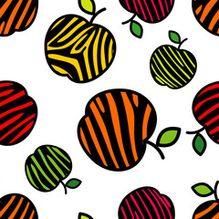 Seamless vector background with decorative colorful apples with leaves. Apples with Zebra stripes. Summer garden. Can be used for wallpaper, textile, invitation card, wrapping, web page background.