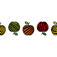 Seamless vector background with decorative colorful apples with leaves. Apples with Zebra stripes. Summer garden. Can be used for wallpaper, textile, invitation card, wrapping, web page background.
