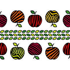 Seamless vector background with decorative colorful apples with leaves. Apples with Zebra stripes. Summer garden. Can be used for wallpaper, textile, invitation card, wrapping, web page background.