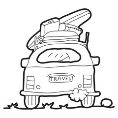 Cartoon doodle illustration of adventure van, travel car for coloring book, t-shirt print design, greeting card